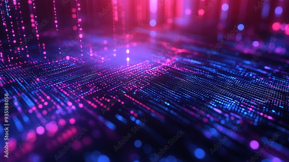 Poster neon data streams: a mesmerizing 3d render of digital data cascading through a vibrant, futuristic c