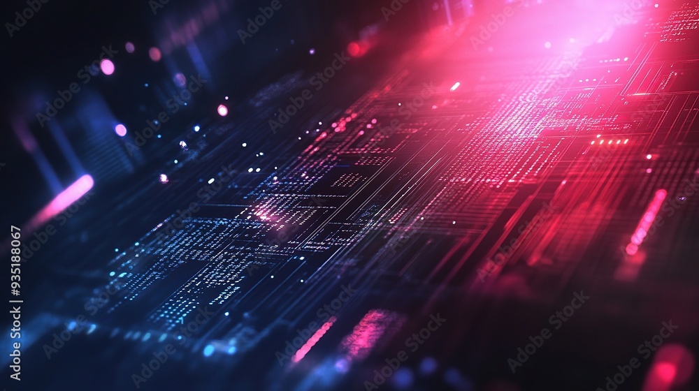 Poster cybernetic glow: a mesmerizing abstract shot of a digital circuit board bathed in neon blue and red 