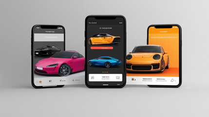 Three cell phones are displayed with the screens showing car advertisements. The phones are arranged in a row, with the pink phone on the left, the red phone in the middle
