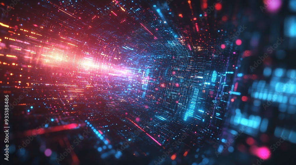Poster digital abstract tunnel: a mesmerizing abstract tunnel of glowing blue and red lines and dots, evoki