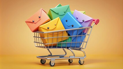 A colorful illustration of a smiling email envelope pushing a shopping cart full of brightly packaged items, symbolizing digital commerce and online transactions.