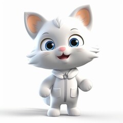 Obraz premium Cute Cartoon White Cat Illustration with Blue Eyes, Smiling Character for Kids' Products and Storybooks