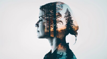 Double Exposure of Woman's Silhouette and Forest Landscape, Artistic Representation of Mindfulness and Connection with Nature, Harmony Between Human Consciousness and the Natural World, Reflective and