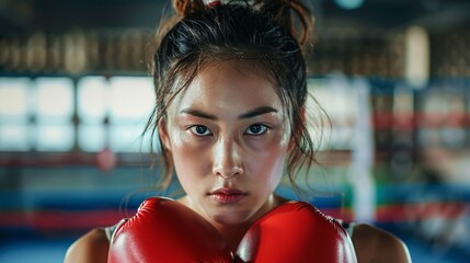 Determined Female Boxer in Training, Focused and Intense Expression, Empowering Portrait of a Strong Athlete in the Boxing Ring, Emphasizing Strength, Resilience, and Dedication in Sports