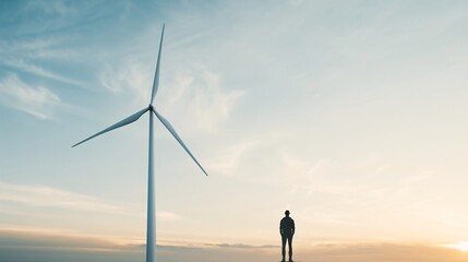 Engineer Observing Wind Turbine, Symbol of Renewable Energy and Sustainable Development, Focus on Green Technology and Environmental Innovation, Clean Energy Production in Industry, Power Generation.