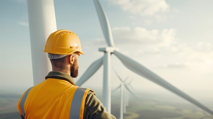 Engineer Observing Wind Turbine, Symbol of Renewable Energy and Sustainable Development, Focus on Green Technology and Environmental Innovation, Clean Energy Production in Industry, Power Generation.