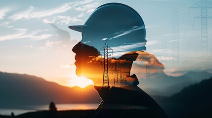 Double Exposure of Engineer with Hard Hat and Power Lines, Symbolizing Energy Industry and Infrastructure, Merging Human Expertise with Technology, Concept of Innovation and Development in Renewable.