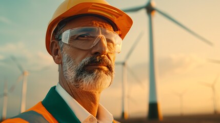 Engineer Observing Wind Turbine, Symbol of Renewable Energy and Sustainable Development, Focus on Green Technology and Environmental Innovation, Clean Energy Production in Industry, Power Generation.