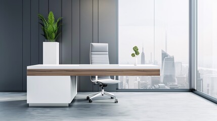 Modern Minimalist Office with Sleek Desk and Ergonomic Chair, Panoramic City View Through Large Windows, Professional and Elegant Workspace Design, Clean and Organized Corporate Environment.
