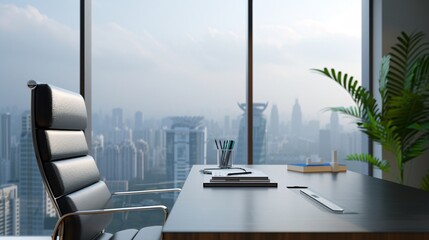 Modern Minimalist Office with Sleek Desk and Ergonomic Chair, Panoramic City View Through Large Windows, Professional and Elegant Workspace Design, Clean and Organized Corporate Environment.
