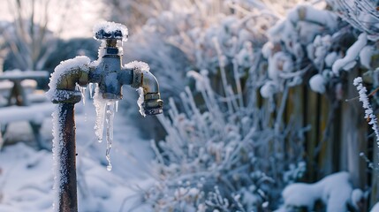 Frozen pipes and faucets a frozen garden water tap on a chilly winter day