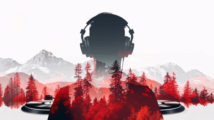 Double Exposure of DJ with Headphones and Forest Landscape, Fusion of Music and Nature, Artistic Expression of Soundscapes, Harmony Between Technology and the Natural World, Creative and Immersive.