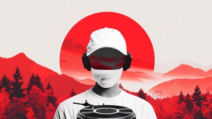 Double Exposure of DJ with Headphones and Forest Landscape, Fusion of Music and Nature, Artistic Expression of Soundscapes, Harmony Between Technology and the Natural World, Creative and Immersive.