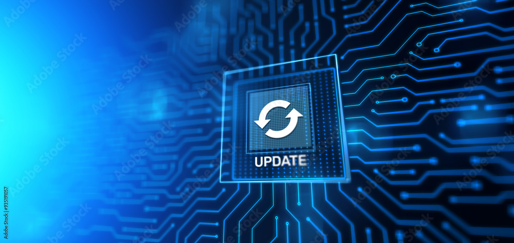 Poster update system upgrade software version technology concept on virtual screen.