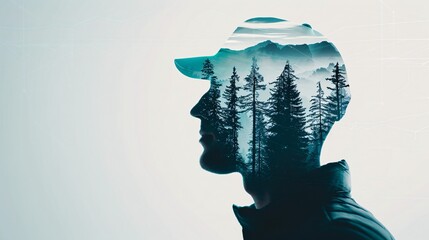 Double Exposure Silhouette of Man with Forest Landscape, Artistic Blend of Human and Nature, Concept of Mindfulness, Connection with the Environment, Harmony Between Inner Self and Natural World.