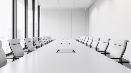 Spacious Modern Conference Room with Large Meeting Table and Sleek Chairs, Bright and Minimalist Corporate Workspace, Professional Setting for Business Meetings, Collaborative Environment.