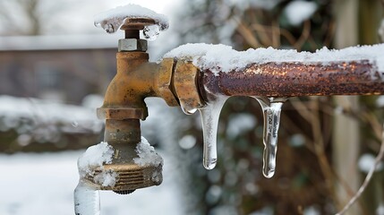 Frozen pipes and faucets a frozen garden water tap on a chilly winter day