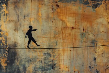 A man performs a tightrope walk in the sky, illustrating his agility and courage as he navigates the precarious path, A tightrope walker tiptoeing across a thin wire, AI generated