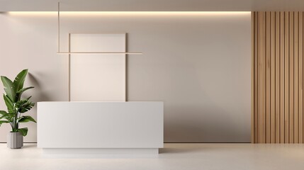 Modern Minimalist Reception Desk in Elegant Office Lobby, Clean and Sophisticated Interior Design, Bright and Welcoming Space with Natural Elements, Professional and Contemporary Business Environment
