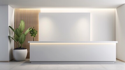Modern Minimalist Reception Desk in Elegant Office Lobby, Clean and Sophisticated Interior Design, Bright and Welcoming Space with Natural Elements, Professional and Contemporary Business Environment