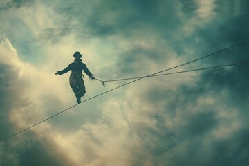 A skilled performer walks a tightrope high in the sky, embodying grace and precision in a breathtaking aerial display, A tightrope walker tiptoeing across a thin wire, AI generated