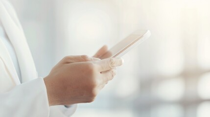 Close-Up of Hand Using Smartphone in Modern Office, Professional Engaged in Digital Communication, Sleek and Minimalist Technology Interaction, Businessperson Navigating Mobile Device for Work Purpose