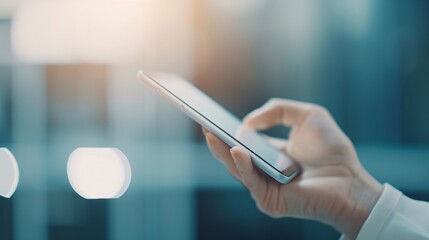 Close-Up of Hand Using Smartphone in Modern Office, Professional Engaged in Digital Communication, Sleek and Minimalist Technology Interaction, Businessperson Navigating Mobile Device for Work Purpose
