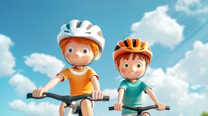 Joyful Cartoon Kids Riding Bicycles on a Sunny Day, Happy Childhood Adventure in a Bright and Fun Outdoor Setting, Playful and Energetic Characters Enjoying an Active Lifestyle, Friendship and Fun.