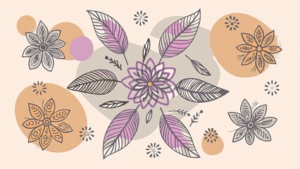 Fototapeta premium Floral Pattern with Leaves Flowers and Geometric Shapes in Pastel Colors