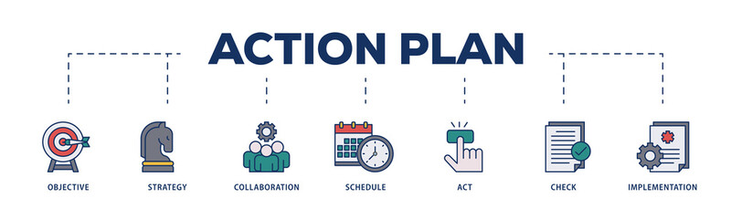 Action plan icons process structure web banner illustration of objective, strategy, collaboration, schedule, act, launch, check, and implementation icon png transparent background.