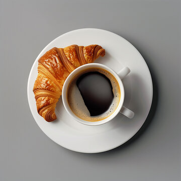 Top view of a cup of coffee and a croissant on a plate against a grey background