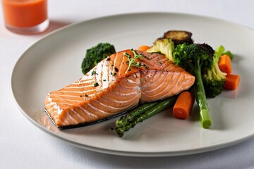 Grilled Salmon with Roasted Vegetables on White Plate.