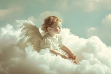 A tiny angel rests on billowy clouds, exuding a sense of peace and divine presence in a tranquil sky, A tiny angel sitting on a fluffy cloud , Ai generated