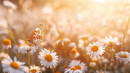Garden butterfly background summer blooming field white seasonal banner daisy wild blooming meadow in the morning