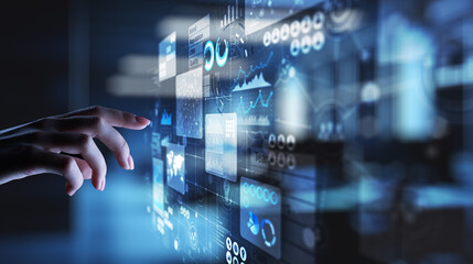 Business intelligence analyst dashboard on virtual screen. Big data Graphs Charts.