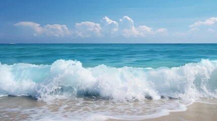 Fototapeta premium Dynamic ocean waves crashing against the shore, vibrant blues and frothy whites create a mesmerizing coastal scene, perfect for a calming atmosphere in any space.