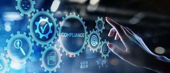 Compliance concept with icons and text. Regulations, law, standards, requirements, audit diagram on...