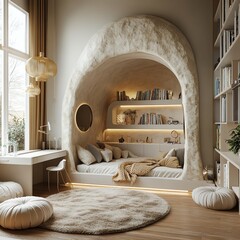 Contemporary kids room, soft natural hues, white desk and chunky bed, natural stone wall with LED lighting, pendant light fixtures, soft large rug, floor lamps, elegant chandeliers