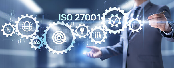ISO 27001 Standard certification standardisation quality control concept on screen.