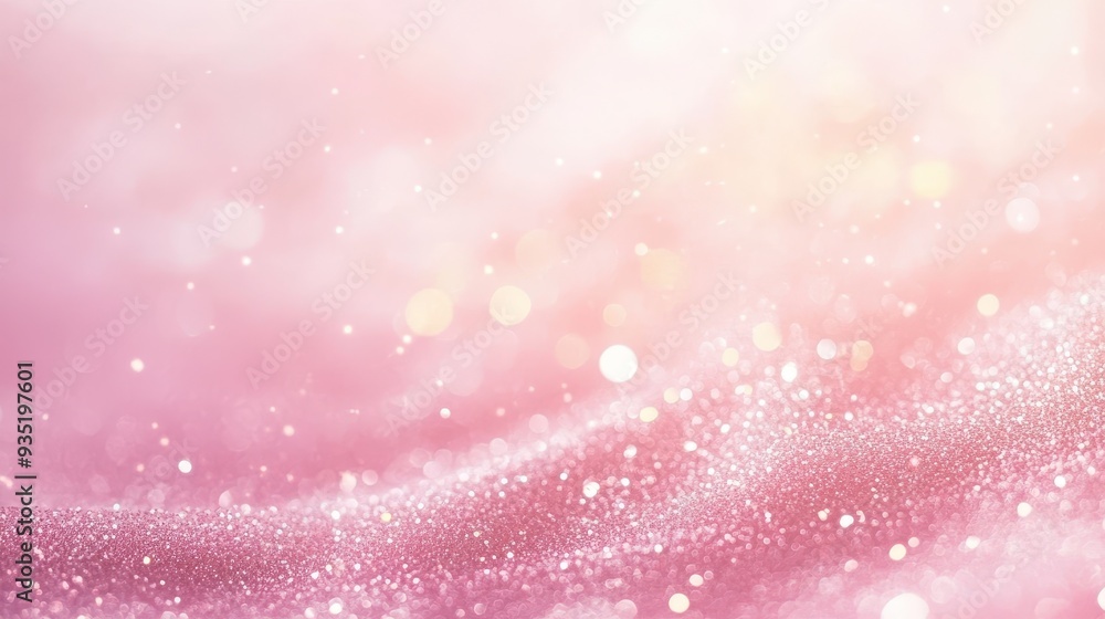 Poster a soft pink background with sparkling lights and glitter, creating a dreamy atmosphere.