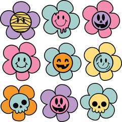 set of halloween Cute Spooky funny cartoon monsters flowers elements hand drawn vector for decorate invitation greeting birthday party celebration card poster banner textiles wallpaper backgrounds