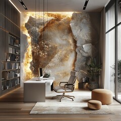 Cozy office room in contemporary style, soft natural colors, white desk, natural stone wall with LED light, beautiful pendant light fixtures, soft huge rug, floor lamps, stunning c