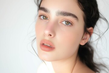 Fototapeta premium close up face portrait of young pretty Asian woman with bright flawless skin with natural light, beauty cosmetic or skincare fashion portrait with copy space, shadow and light play