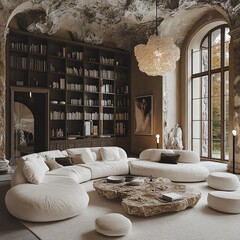 Elegant and cozy living room with white bulky curved furniture, natural stone table, beautiful light fixtures, huge library, soft big rug, floor lamps, fire pit, stunning chandelie