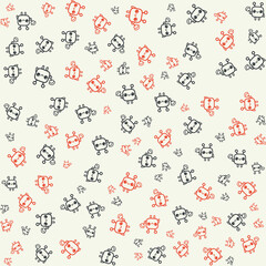 Cute seamless pattern of robots in red and black on a cream background.