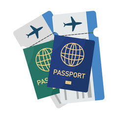 Passport and plane ticket icon. Tourism, vacation and business theme. Vector illustration.