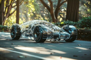 A clear plastic car is prominently displayed, emphasizing its innovative construction and artistic appeal, A transparent vehicle utilizing advanced materials for maximum visibility. AI generated
