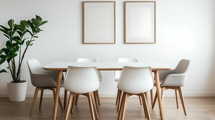 Scandinavian-style dining area with organic furniture in neutral shades, decorated with simple, elegant art, copy space for text,
