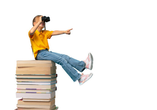 Back to school, cute girl with pile of books, smart child, read, knowledge. PNG file with transparency 
