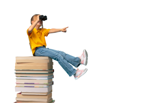 Back to school, cute girl with pile of books, smart child, read, knowledge. PNG file with transparency 